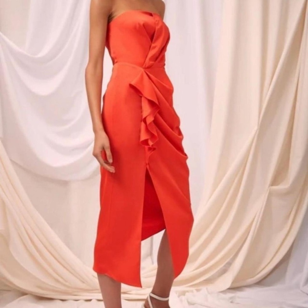 C/MEO Collective No Less Asymmetrical Strapless Cocktail Midi Dress in Morange